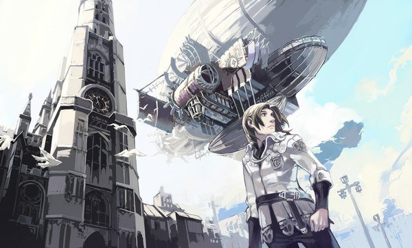 Anime picture 1162x700 with original aoin brown hair wide image looking away sky cloud (clouds) city flying boy animal bird (birds) building (buildings) clock pocket watch aircraft tower clock tower dirigible