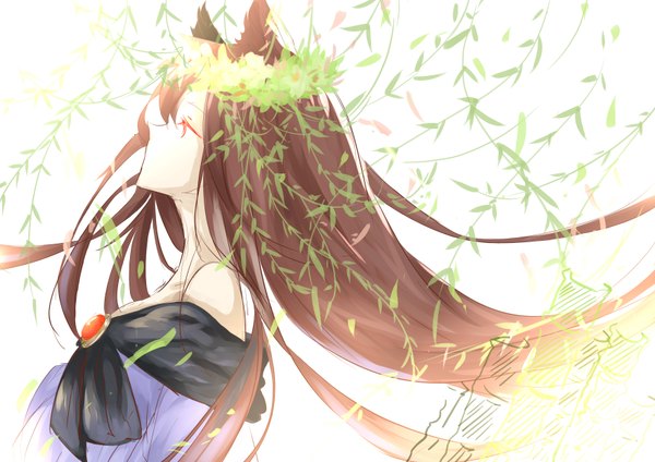 Anime picture 3507x2480 with touhou imaizumi kagerou kagari6496 single long hair highres hair between eyes red eyes brown hair white background bare shoulders animal ears absurdres profile light wolf ears wolf girl girl plant (plants) brooch