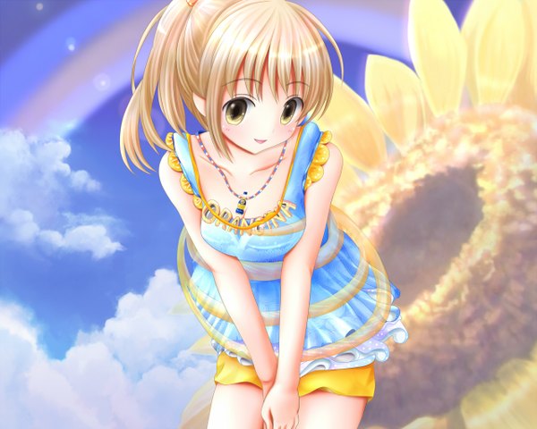 Anime picture 1280x1024 with original tsukino miyu looking at viewer blush short hair open mouth blonde hair bare shoulders yellow eyes sky cloud (clouds) girl pendant sundress sunflower