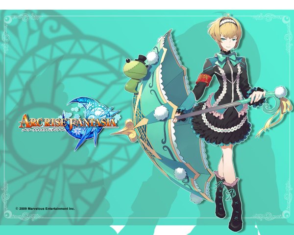 Anime picture 1280x1024 with arc rise fantasia ruunya single looking at viewer short hair simple background blonde hair smile green eyes inscription girl dress boots hairband umbrella