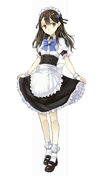 Anime picture 655x1165 with original hao (patinnko) single long hair tall image black hair simple background smile white background brown eyes looking away maid girl headdress maid headdress wrist cuffs