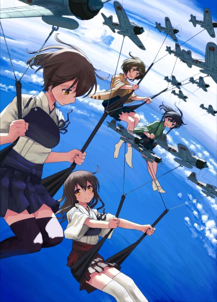 Anime picture 1723x2400 with kantai collection kaga aircraft carrier akagi aircraft carrier souryuu aircraft carrier hiryuu aircraft carrier hiryuu (kantai collection) mocha (snowflake) long hair tall image blush highres short hair open mouth blue eyes sitting multiple girls brown eyes cloud (clouds) ahoge ponytail