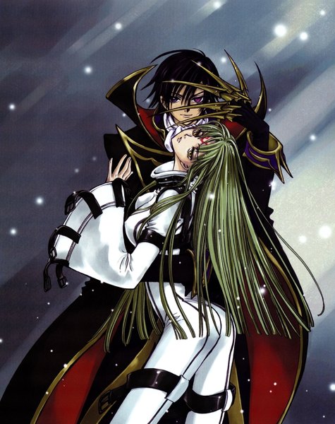Anime picture 2694x3400 with code geass sunrise (studio) c.c. lelouch lamperouge tall image fringe highres short hair black hair yellow eyes long sleeves very long hair green hair tattoo couple heterochromia snowing girl boy gloves
