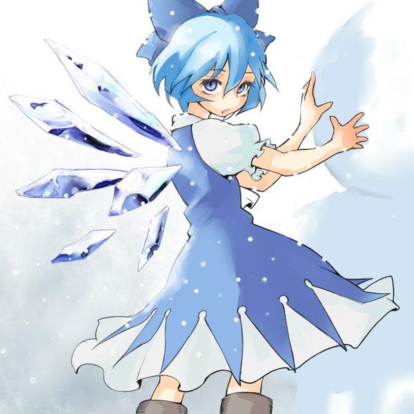 Anime picture 1024x1024 with touhou cirno hi-yo single looking at viewer short hair blue eyes blue hair snowing winter snow girl dress bow hair bow wings knee boots ice snowman snowball