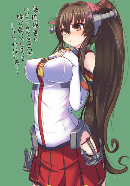 Anime picture 699x1000 with kantai collection yamato super battleship tenken (gotannda) single long hair tall image blush breasts light erotic simple background brown hair large breasts brown eyes ponytail hair flower green background girl skirt hair ornament flower (flowers)
