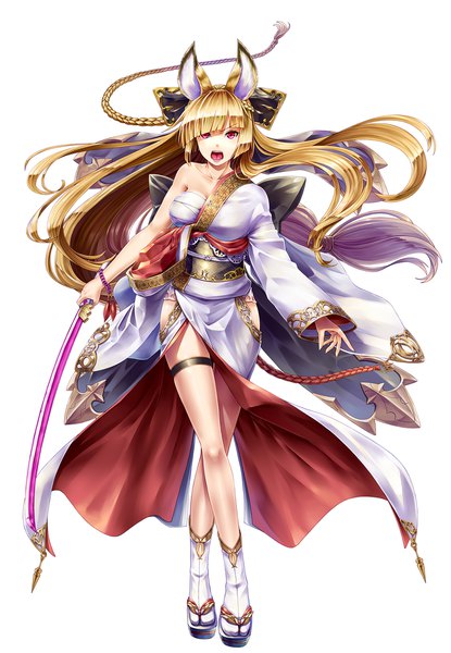 Anime picture 1600x2311 with granblue fantasy yuisis (granblue fantasy) kazuki seihou single long hair tall image looking at viewer fringe breasts open mouth light erotic blonde hair simple background red eyes large breasts standing white background bare shoulders holding animal ears