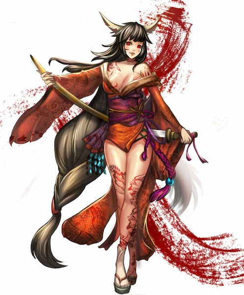 Anime picture 900x1088 with sangrde single tall image blush light erotic black hair simple background red eyes white background animal ears full body tail very long hair traditional clothes japanese clothes animal tail tattoo legs girl