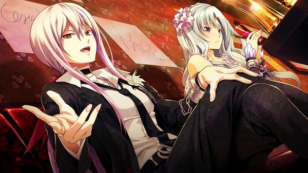 Anime picture 1280x720 with disorder 6 joe (disorder 6) shiina (disorder 6) long hair open mouth red eyes wide image sitting purple eyes pink hair game cg silver hair otoko no ko girl dress boy hair ornament necktie chain handcuffs