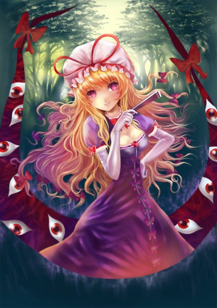 Anime picture 1000x1414 with touhou yakumo yukari mg42cat-k1ng single long hair tall image looking at viewer blonde hair pink eyes eyes girl dress gloves bow plant (plants) hair bow tree (trees) elbow gloves bonnet fan