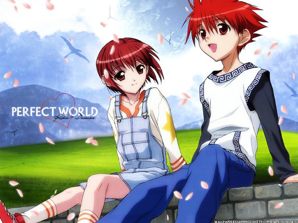Anime picture 1024x768 with d.n.angel xebec niwa daisuke harada riku fringe short hair open mouth hair between eyes red eyes sitting looking away sky outdoors red hair long sleeves wind sunlight inscription mountain cropped