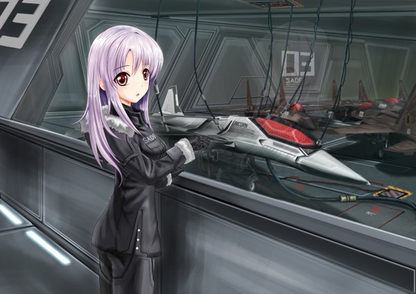 Anime picture 5000x3536 with original lita (keyboard000) single long hair highres red eyes absurdres purple hair looking back fur trim reflection military girl gloves uniform jacket fur military uniform aircraft airplane