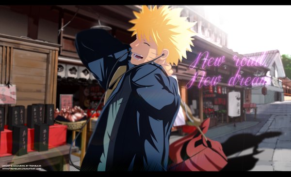 Anime picture 1000x611 with naruto studio pierrot naruto (series) uzumaki naruto tremblax single short hair open mouth blonde hair smile wide image sky eyes closed sunlight inscription coloring facial mark letterboxed arms behind head whisker markings