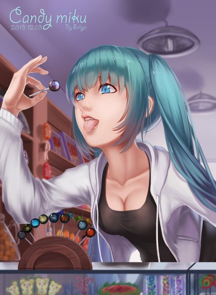 Anime picture 1100x1500 with vocaloid hatsune miku wei ji single long hair tall image blue eyes twintails aqua hair girl food sweets tongue candy lollipop