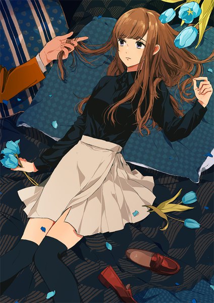 Anime picture 800x1131 with original kurokeisin long hair tall image fringe brown hair purple eyes looking away lying blunt bangs zettai ryouiki solo focus holding hair shoes removed thighhighs skirt flower (flowers) black thighhighs petals shoes