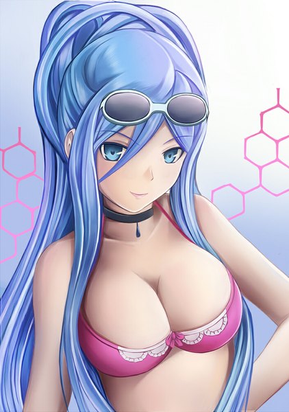 Anime picture 704x1000 with aoki hagane no arpeggio takao (aoki hagane no arpeggio) nannacy7 single long hair tall image breasts blue eyes light erotic hair between eyes blue hair girl swimsuit bikini sunglasses