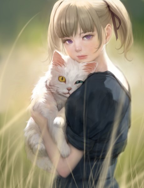 Anime picture 748x974 with original mujiha (mlog) single tall image looking at viewer fringe short hair blonde hair twintails purple eyes holding heterochromia girl ribbon (ribbons) plant (plants) hair ribbon animal cat grass