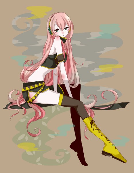 Anime picture 1400x1800 with vocaloid megurine luka single long hair tall image fringe sitting bare shoulders looking away pink hair aqua eyes girl boots belt thigh boots