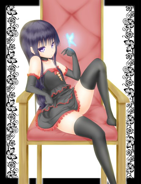 Anime picture 945x1228 with inu x boku ss david production shirakiin ririchiyo noppi (noppi 98) single long hair tall image looking at viewer light erotic sitting purple eyes bare shoulders purple hair girl thighhighs dress gloves black thighhighs elbow gloves black dress