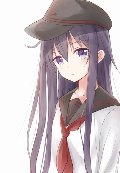 Anime picture 804x1158 with kantai collection akatsuki destroyer yuzuzukushi single long hair tall image looking at viewer blush fringe breasts simple background hair between eyes white background purple eyes payot purple hair upper body ahoge blunt bangs girl