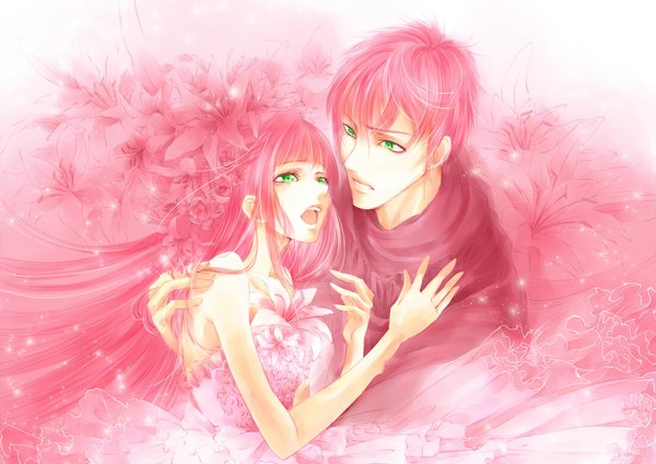 Anime picture 1100x778 with miyama kiri long hair short hair open mouth bare shoulders green eyes pink hair hair flower couple hug tears monochrome pink background face to face girl dress boy hair ornament flower (flowers) rose (roses)