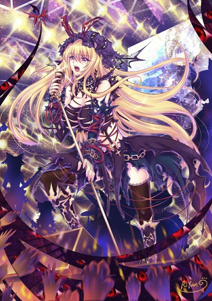 Anime picture 800x1131 with touhou yakumo yukari riyun single long hair tall image open mouth blonde hair purple eyes eyes girl thighhighs dress black thighhighs detached sleeves hands microphone stand
