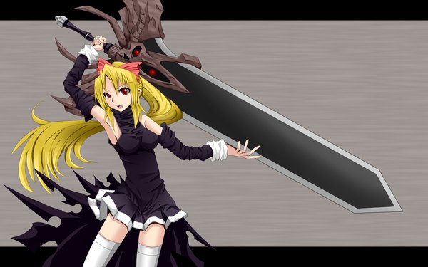 Anime picture 1280x800 with needless madhouse seto (needless) single long hair open mouth blonde hair red eyes wide image bare shoulders ponytail girl thighhighs dress hair ornament bow weapon hair bow detached sleeves white thighhighs