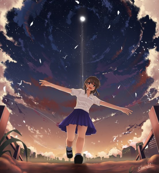 Anime picture 1107x1200 with original nequioze (artist) single long hair tall image open mouth smile brown hair brown eyes signed sky cloud (clouds) shadow from below evening sunset spread arms cityscape girl skirt