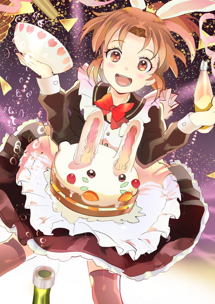 Anime picture 707x1000 with idolmaster idolmaster cinderella girls abe nana 119 single tall image looking at viewer blush short hair open mouth smile brown hair brown eyes animal ears ponytail maid bunny ears girl thighhighs uniform