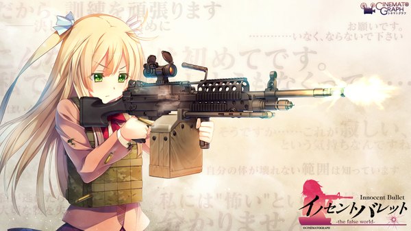 Anime picture 1920x1080 with innocent bullet yasouji ai oosaki shinya long hair highres blonde hair wide image green eyes copyright name shot casing ejection girl uniform bow weapon hair bow school uniform armor gun assault rifle