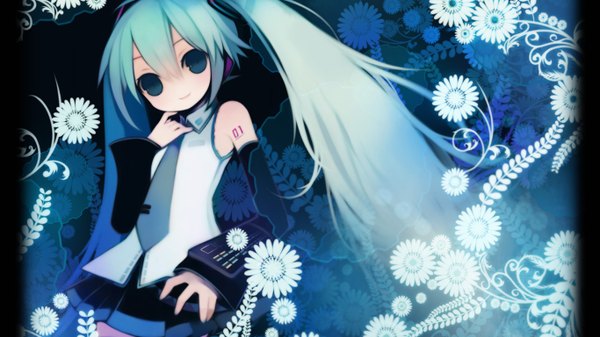 Anime picture 1366x768 with vocaloid hatsune miku single long hair looking at viewer wide image twintails bare shoulders very long hair aqua eyes aqua hair girl skirt flower (flowers) detached sleeves necktie