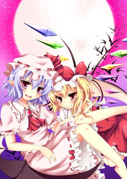 Anime picture 2508x3541 with touhou flandre scarlet remilia scarlet sisterakuma tall image highres short hair blonde hair red eyes multiple girls blue hair bat wings girl dress bow 2 girls animal wings moon bonnet