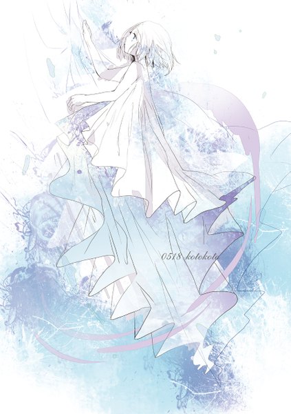 Anime picture 900x1276 with original koto2 single tall image short hair blue eyes bare shoulders signed white hair profile girl dress white dress