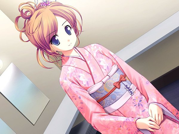 Anime picture 1024x768 with backstage (game) blue eyes brown hair game cg japanese clothes girl kimono