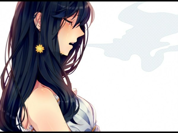 Anime picture 900x675 with original agirinpa single long hair fringe breasts open mouth black hair simple background white background bare shoulders eyes closed profile tears exhalation girl earrings sun
