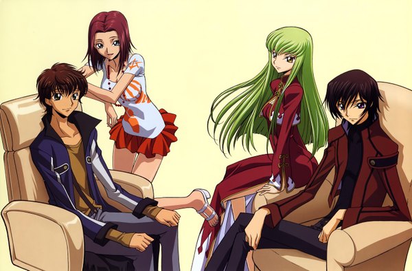 Anime picture 5797x3812 with code geass sunrise (studio) c.c. lelouch lamperouge kallen stadtfeld kururugi suzaku long hair looking at viewer fringe highres short hair open mouth blue eyes brown hair standing sitting purple eyes multiple girls green eyes yellow eyes