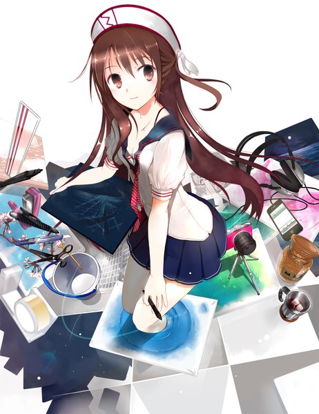 Anime picture 1200x1556 with original komori single long hair tall image looking at viewer blush brown hair brown eyes girl skirt hat headphones pen scissors iphone