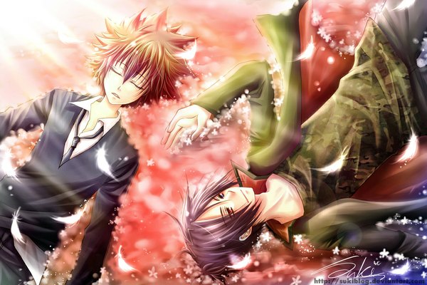 Anime picture 1024x683 with katekyou hitman reborn sawada tsunayoshi rokudo mukuro sukiblog short hair blue eyes smile red eyes brown hair purple hair lying eyes closed open clothes open shirt heterochromia sleeping boy necktie pants feather (feathers)