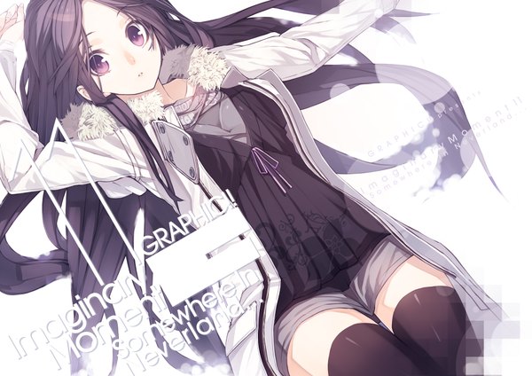 Anime picture 2000x1416 with original senmu single long hair looking at viewer highres open mouth white background purple eyes purple hair open clothes open jacket text falling girl thighhighs black thighhighs jacket scarf fur