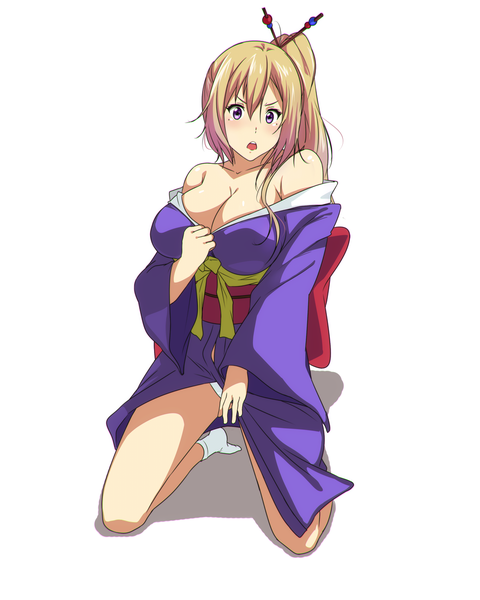 Anime picture 1000x1250 with musaigen no phantom world kawakami mai sbel02 single long hair tall image looking at viewer blush breasts open mouth light erotic blonde hair large breasts white background purple eyes traditional clothes japanese clothes side ponytail girl kimono