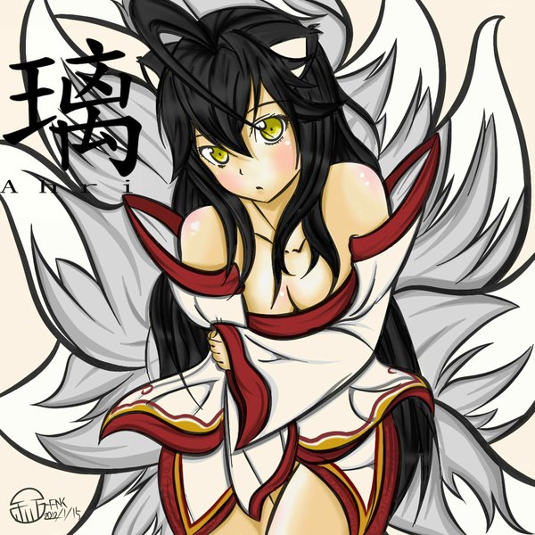 Anime picture 1181x1181 with league of legends ahri (league of legends) long hair blush black hair simple background bare shoulders animal ears yellow eyes animal tail fox ears multiple tails girl dress