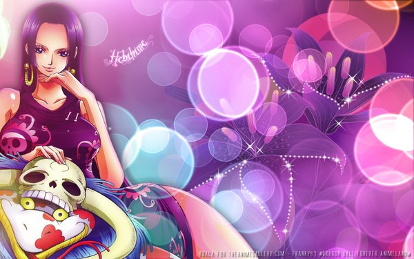 Anime picture 1920x1200 with one piece toei animation boa hancock salome (one piece) single long hair highres breasts blue eyes light erotic black hair wide image large breasts light smile wallpaper hand on head purple background skull print shichibukai girl
