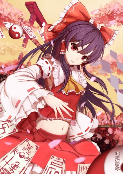 Anime picture 4133x5846 with touhou hakurei reimu sugar sound single long hair tall image looking at viewer fringe highres red eyes absurdres purple hair outdoors traditional clothes head tilt japanese clothes wind wide sleeves bare belly armpit (armpits)