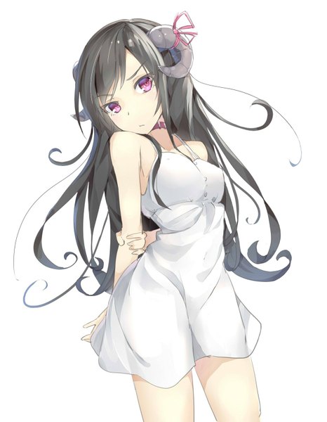 Anime picture 1166x1500 with original kuroito (snowflyer) tall image looking at viewer black hair simple background white background purple eyes bare shoulders horn (horns) hands behind back girl dress ribbon (ribbons) white dress sundress