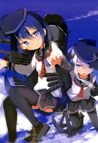 Anime picture 4079x5974 with kantai collection nyantype hibiki destroyer akatsuki destroyer and dokari long hair tall image highres blue eyes multiple girls blue hair absurdres sky cloud (clouds) white hair official art girl thighhighs skirt weapon