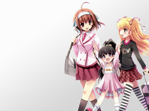 Anime picture 1600x1200 with papa no iu koto wo kikinasai! takanashi sora takanashi miu takanashi hina long hair looking at viewer blush short hair open mouth black hair simple background blonde hair brown hair multiple girls ahoge pleated skirt loli plaid skirt girl thighhighs