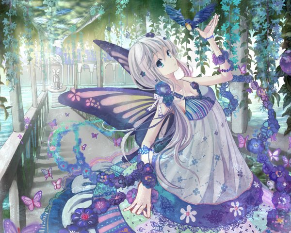 Anime picture 1000x800 with original anko kinako long hair looking at viewer blue eyes hair flower grey hair insect wings butterfly wings girl dress hair ornament flower (flowers) plant (plants) animal bird (birds)