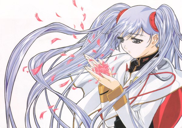Anime picture 4846x3412 with martian successor nadesico xebec hoshino ruri gotoh keiji single long hair highres simple background white background twintails absurdres silver hair wind grey eyes girl petals