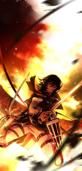Anime picture 800x1650 with shingeki no kyojin production i.g mikasa ackerman kristin13 (pixiv) single tall image short hair black hair holding signed grey eyes dual wielding girl uniform weapon sword boots belt scarf wire (wires)