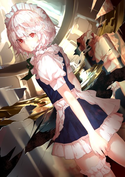 Anime picture 1075x1518 with touhou izayoi sakuya sakusyo single tall image looking at viewer fringe short hair smile hair between eyes red eyes standing white hair looking back short sleeves maid dutch angle turning head slit pupils girl