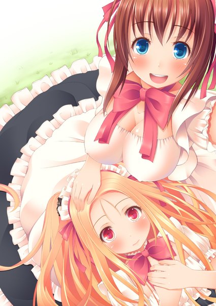 Anime picture 1416x2000 with original nukunuku (hinataboltuko) long hair tall image looking at viewer blush breasts blue eyes blonde hair red eyes brown hair large breasts multiple girls girl dress 2 girls bowtie